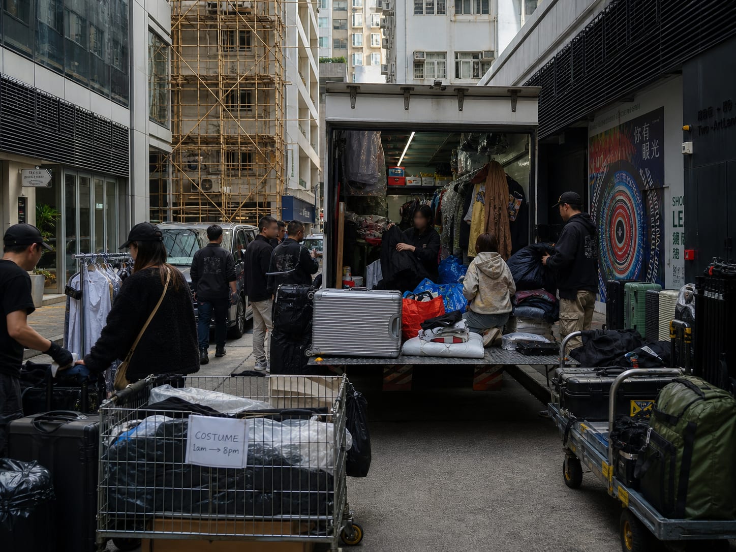 Grip equipment, stands and support hardware on a Hong Kong production set.