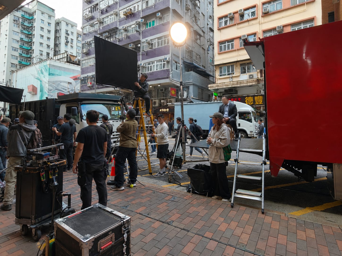Production crew and gear on a Hong Kong street set.