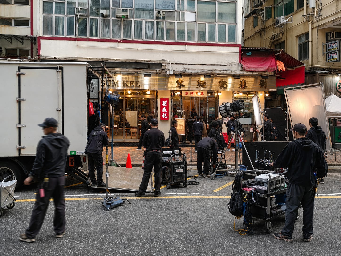 Lighting equipment and modifiers prepared for a Hong Kong shoot.
