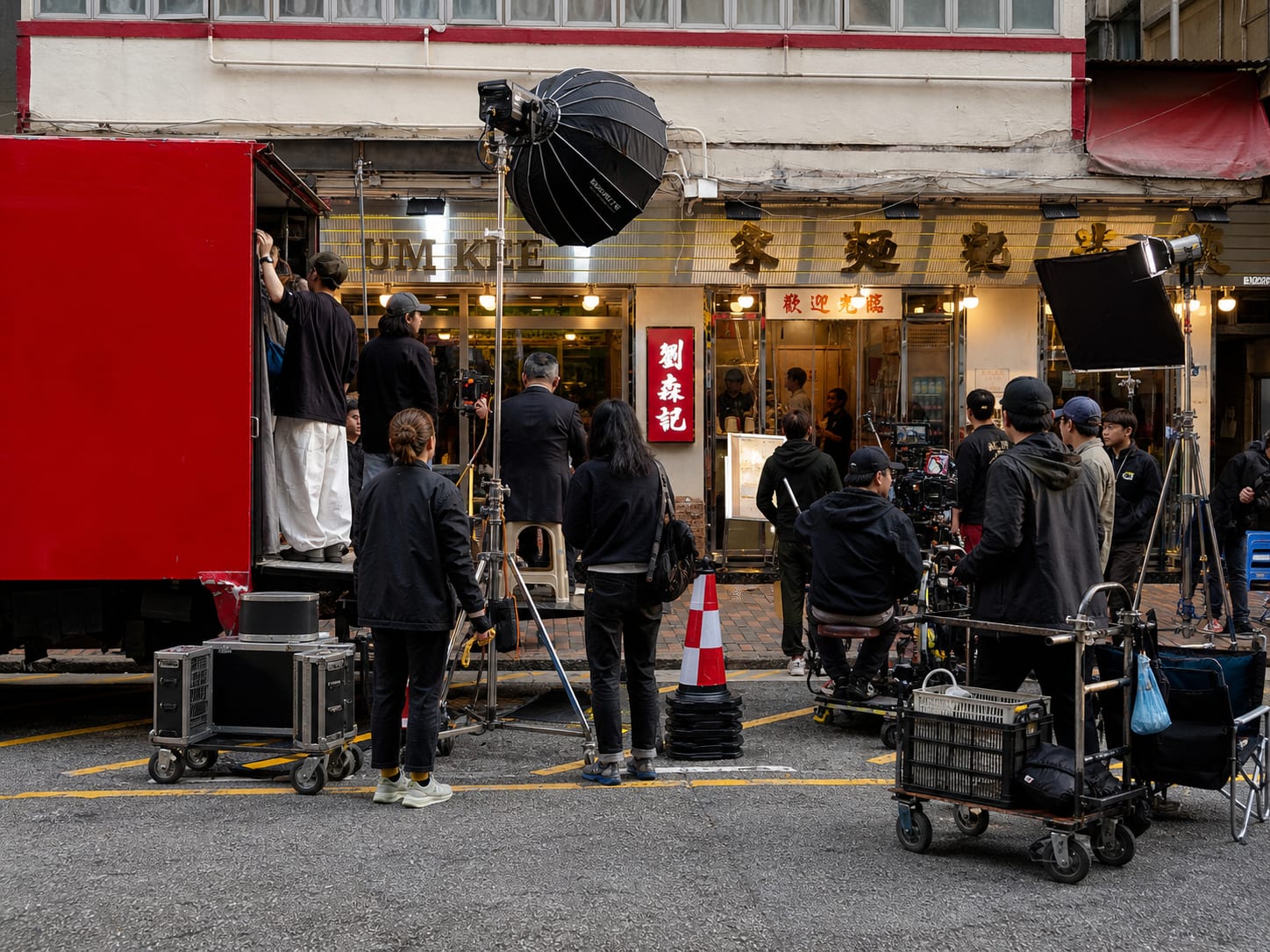 Video equipment and production support gear laid out on set.